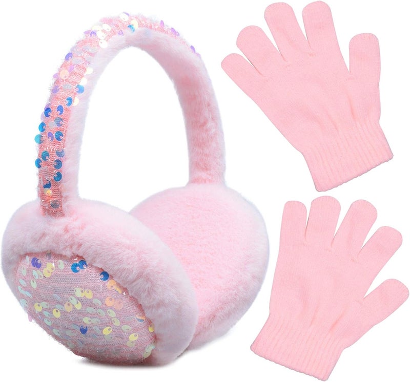 FYBW Ear Muffs Gloves Set for Kids, Winter Adjustable Sequins Warm Earmuffs for Kids Outdoor Cold Weather - Image 1